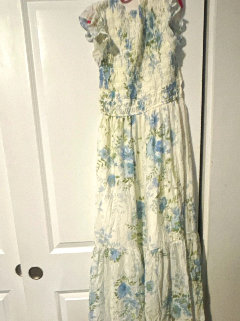 Cream Floral Prom Dress with Blue & Green Accents